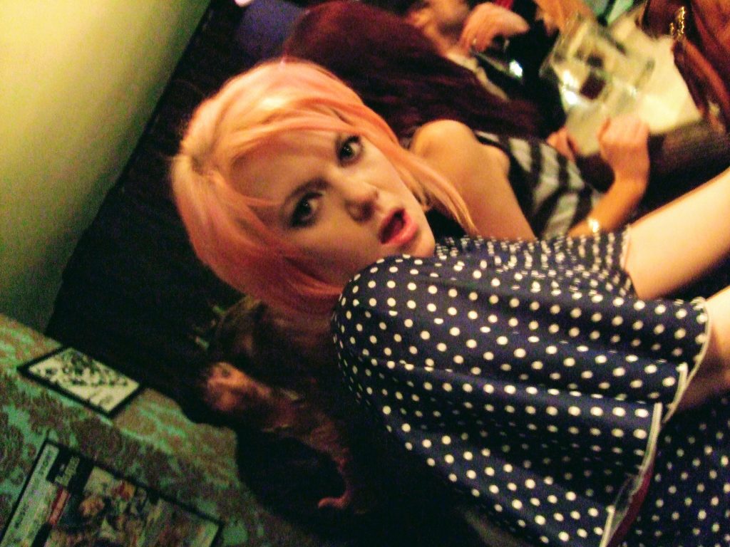 pink hair blue polka dot dress